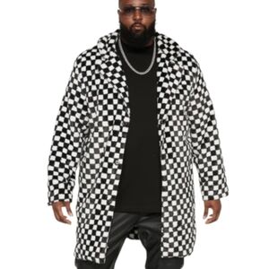 Checkered Long Fur Coat - Black/White